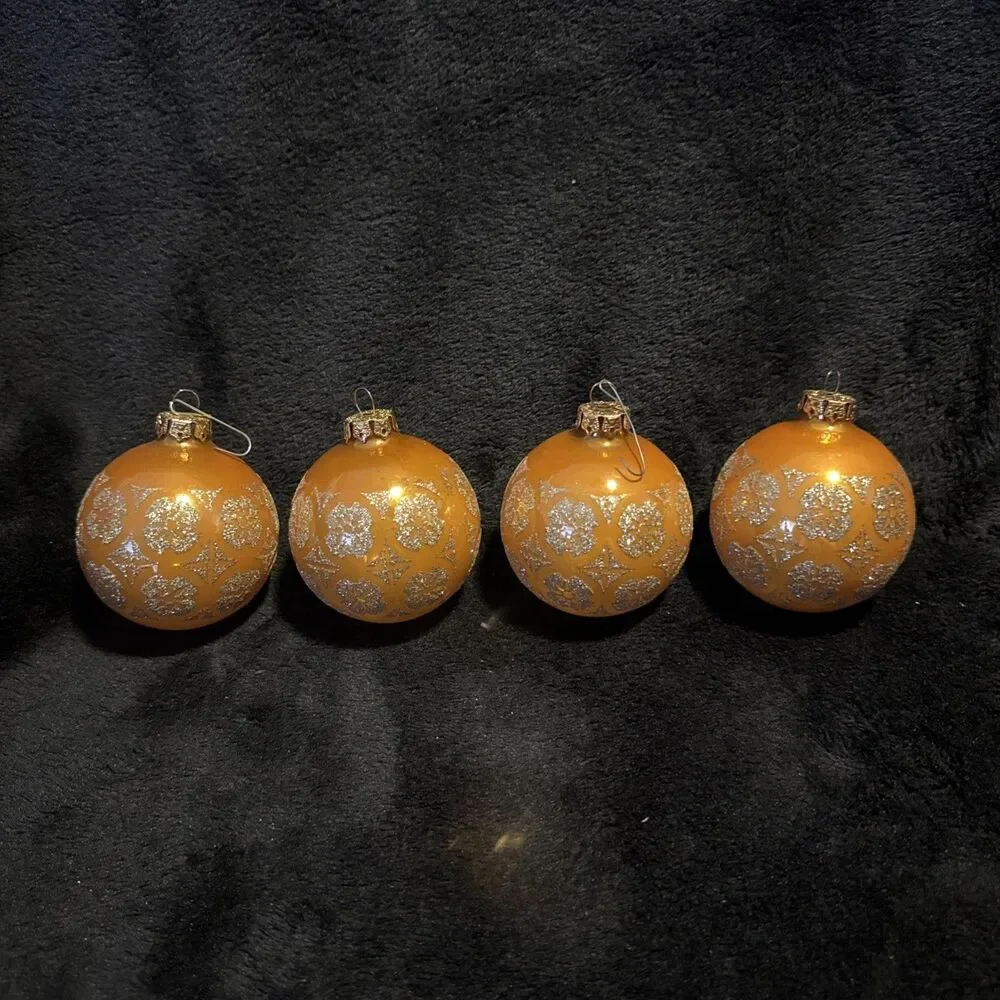 4 Vintage 50s Shiny Brite Gold Glitter Designs Christmas Ornaments